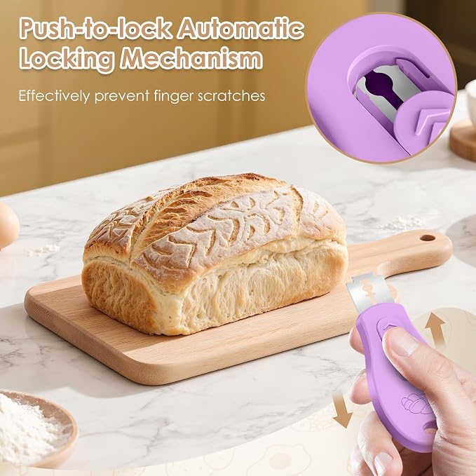Bread Lame Sourdough Scoring Tool, Extractable & Magnetic Bread Scoring Tool, Scoring Knife for Bread Baking, Bread Razor for Homemade Bread, Sourdough Scorer Tool, Includes 5 Razor Blades-Purple