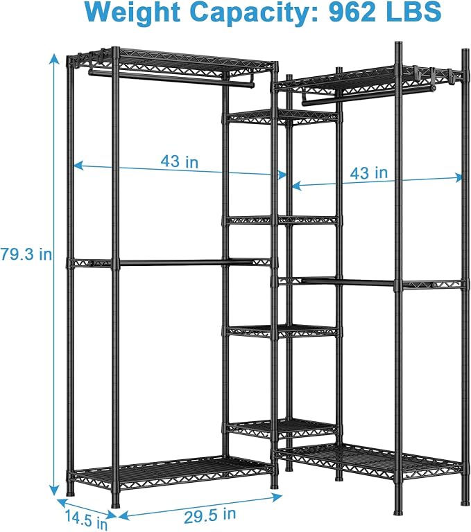Ulif E4 Clothes Rack, Heavy-Duty Garment Rack, Metal Freestanding Clothing Organization Storage System Can Be L-Shaped with Shelves and Hangers, Max Load 962lbs, 71.6" W x 14.5" D x 79.3" H, Black