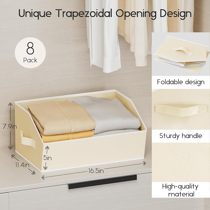 Homsorout Large Closet Organizers and Storage Bins - 6 Pack Trapezoid Storage Baskets for Shelves, Foldable Fabric Baskets with Handles Ideal for Closet, Basket, Wardrobe and Shelf Storage, Beige