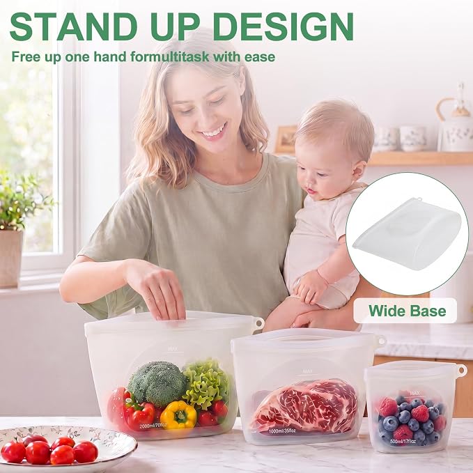 Silicone Reusable Food Storage Bags 6 Pack,Reusable Freezer Bags,Stand Up Wide-Mouth Zipper Container,Food Storage Bag Easy-Clean Sandwich,Microwave & Dishwasher,Eco Friendly(17oz,35oz,70oz)