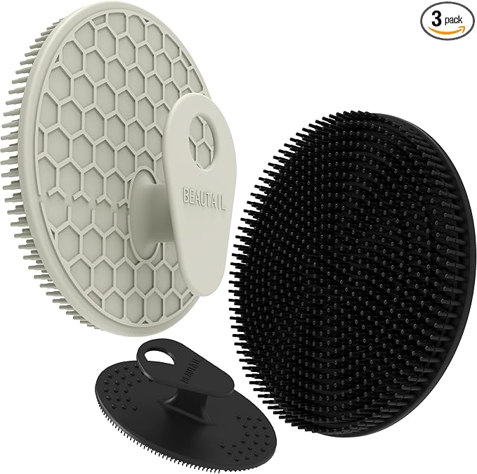 Silicone Body & Face Scrubber Set 3 Pack, BEAUTAIL Gentle Shower Scrubber | Hygienic Silicone Loofah, Easy-Grip Handle, Soft Exfoliating Bath Brush for Sensitive Skin, Women, Men & Kids (Black+Gray)