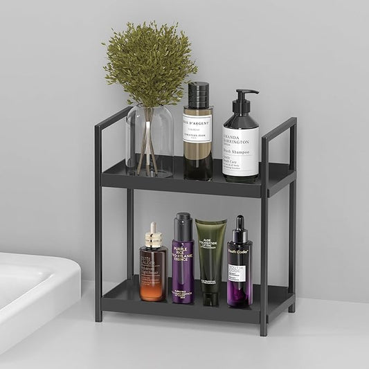 Bathroom Organizer Countertop, 2 Tier Counter Storage Shelf for Makeup Perfume Skincare Cosmetic Beauty Product, Small Vanity Countertop Tray Stand Rack Holder for Mens Bathroom Sink Dresser, Black