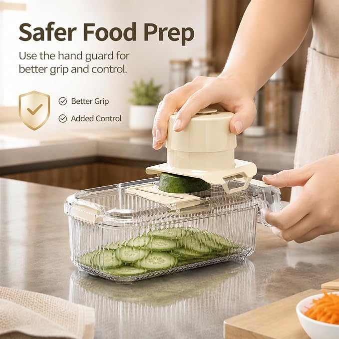 Mandoline Slicer, Vegetable Cutter, Container, Glove & Guard, 5-Blade | Five interchangeable inserts deliver 1.5mm sheets, 3mm and 5mm julienne, wavy edges, plus grated textures for varied recipes.