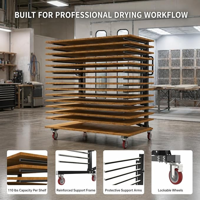 Paint Drying Rack,15-Tier Heavy-Duty Steel Drying Painting Rack | for Cabinet Doors, Adjustable Width 12 to 58 Inch,110 lbs Per Shelf,Black Drying Rack with Lockable Wheels for Paint Shops
