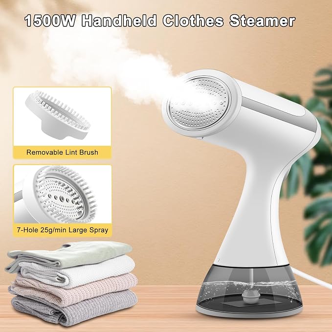 BUNUD Handheld Steamer for clothes 1500W: 20S Heat-up Garment Clothes Steamer with 300ml Water Tank - Portable Fabric Wrinkle Remover - Steam Iron 2 In 1 with Brush for Home/Office/Travel (White)