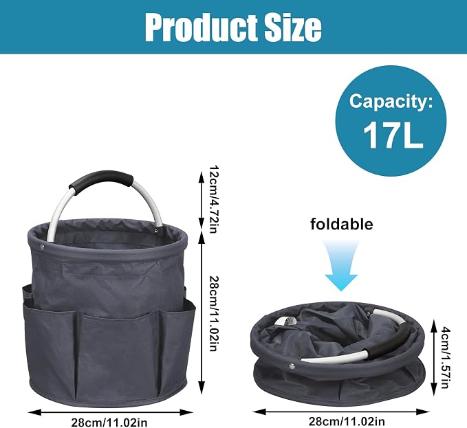 mumisuto Cleaning Caddy with Handle, 17L Collapsible Cleaning Products Organiser Bucket Tool Organizer in 600D Oxford Fabric Portable Multi Cleaning Bucket Bag for Home Garden (Dark Grey)