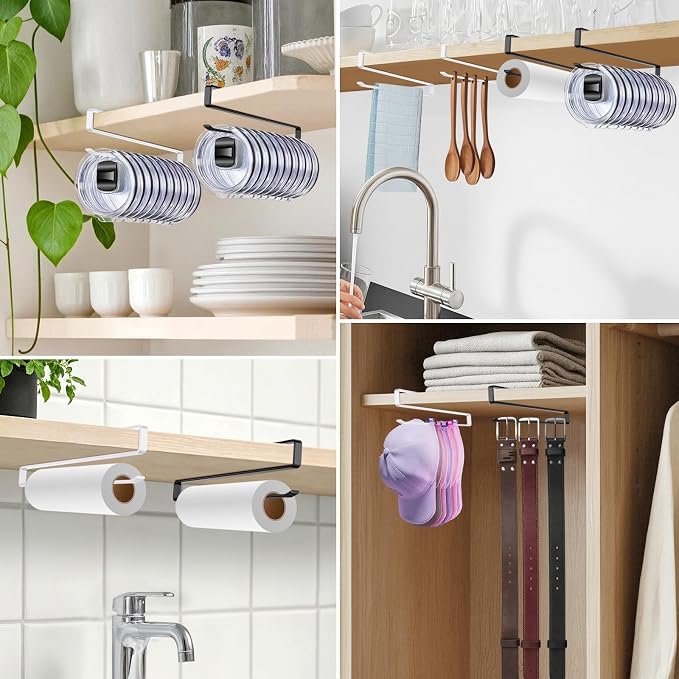 Cup Lid Organizer, Tumbler Lid Holder for 12 Lids Under Cabinet, Space Saving Hook for Kitchen Storage, No Drilling, Carbon Steel, White