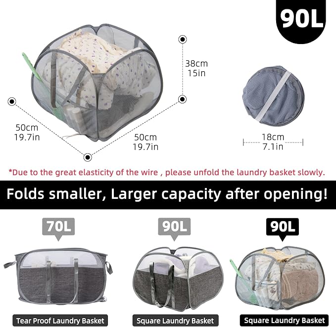 Collapsible Laundry Basket, 90L Mesh Pop-up Hamper with Handles | Foldable Storage Clothes Bag for Laundry, Bathroom, Dorm, Travel, Camping, Space-saving, Gray