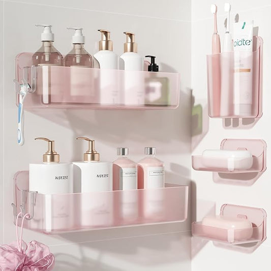 Nieifi Adhesive Shower Shelves, Pink, 5 Pieces | Rustproof ABS, Large Capacity, Removable Design, Easy-Clean, No Drilling Shower Organizer for Bathroom Storage & Home Decor