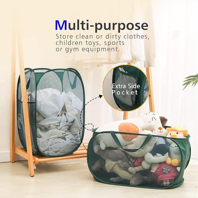 Sturdy Mesh Laundry Hamper Basket Bag,collapsible Pop up for Laundry Room | Folding Foldable Baskets with Side Pocket Travel Clothes Organizer for Bathroom,Kids Room,College Dorm (Vertical,Emerald)