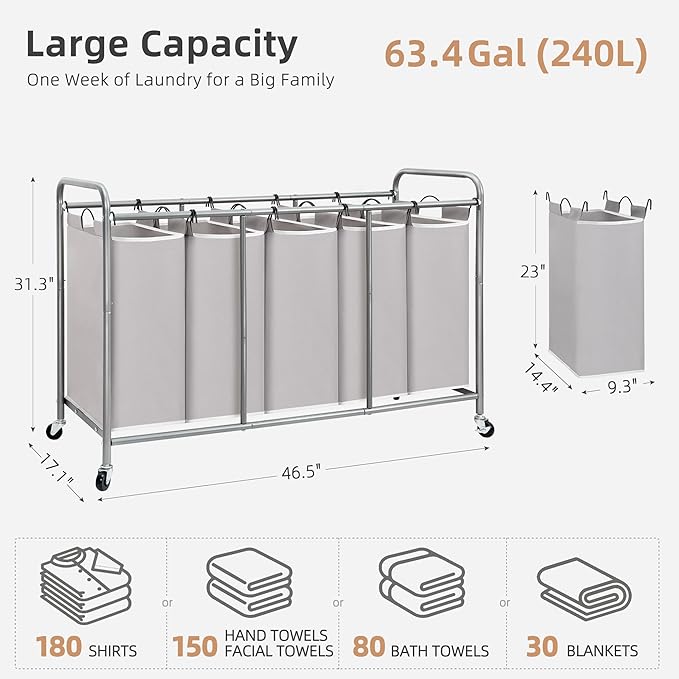 STORAGE MANIAC 5 Section Laundry Sorter, 5 Bins Rolling Separator Laundry Basket, Dirty Clothes Hamper Divider with Heavy Duty Lockable Wheels, Large Clothes Organizer Cart, Gray