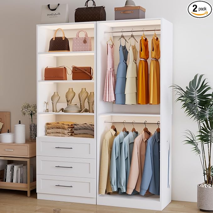 Closet Organizer System, 4-10.5FT Closet system with 3 Wooden Drawers, 4 Expandable Hanging Rods and 4 Shelves for Walk in Closet, Modular Closet Storage System with Shelves, Set of 2, White