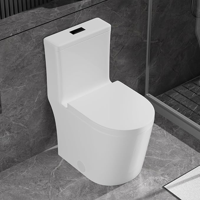 WinZo Small Toilet One Piece Deisgn With Black Push Button Dual Flush,23 inch Length for Tiny Bathroom,White with Black Button