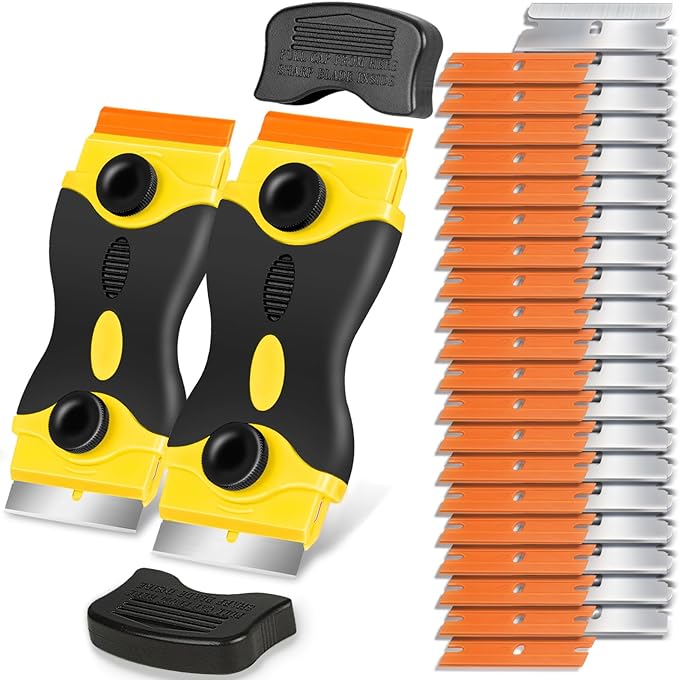 Razor Blade Scraper Tool - Razor Scraper with 40 Metal & Plastic Blades | Scrapper for Cleaning Paint, Decal, Adhesive, Label & Caulk, Glass Scraper for Window, Cooktop, Oven & Stove Top(Yellow)