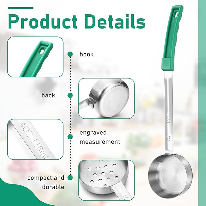 Teenyyou 4 Pcs Portion Control Serving Spoons Portion Control Spoons Ladle Scoops Food Measuring Utensils Proportion Manage Slotted and Unslotted Scoops for Weight Loss(Green,4oz)