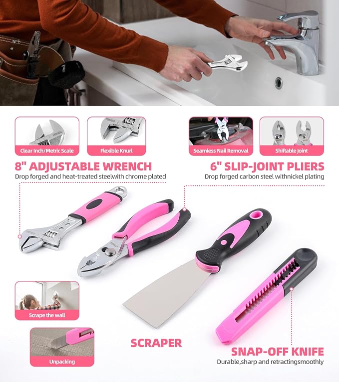 DOWELL Pink Tool Set with 3.6V Cordless Screwdriver Tool Kit, 143 Pcs | for Women, Homeowner Plastic Tool box Storage Case