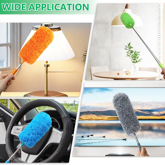 4 Pack Small Microfiber Feather Duster, with 13" to 30" Extendable Pole, Microfiber Head, Cleaning Tool for Cleaning Office, Car, Computer, Furniture, Sofa (Orange/Blue/Green/Gray)