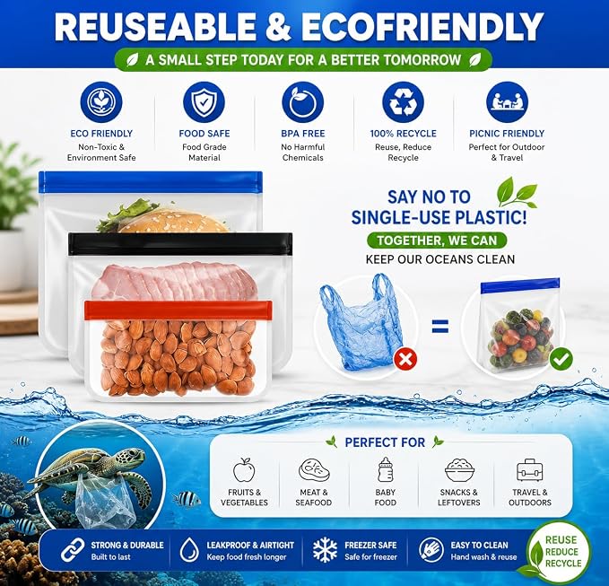 Reusable Silicone Food Storage Bags – 14-Pack Ziplock Set (4 Small, 6 Medium, 4 Large), BPA-Free Leakproof Freezer Bags, Extra Thick & Durable, Dishwasher Safe for Meal Prep, Snacks, Travel