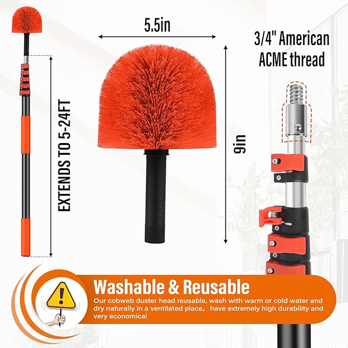 30FT Reach Cobweb Duster with Extension Pole,Spider Web Brush for Cleaning | Web Cobweb Duster with 5-24FT Telescoping Pole,5-Stage Lightweight & Sturdy Telescopic Pole for Outdoor Indoor Use