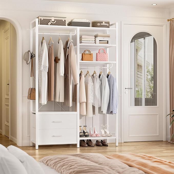 Besiost 78.7'' Clothes Rack for Hanging Clothes - Reversible Clothing Rack with 4 Drawers, Heavy Duty Garment Racks with Shelves, 6 Tiers Freestanding Portable Closet Wardrobe System, Set of 2 White