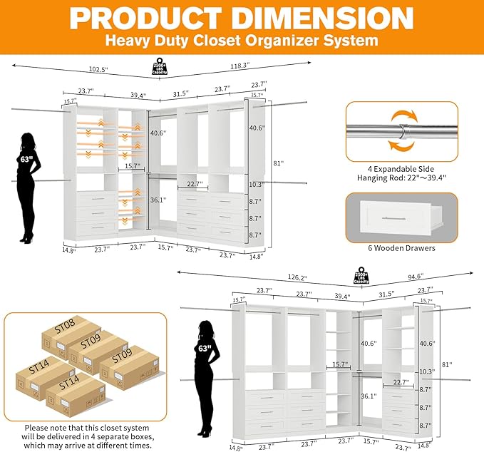 Closet System with 4 Sets, 8.5FT-21.5FT Corner Closet Organizer System with 9 Drawers & 12 Shelves & 8 Hanging Rods, Custom L-Shaped Modular Walk-in Closet Organizers and Storage System Corner, White