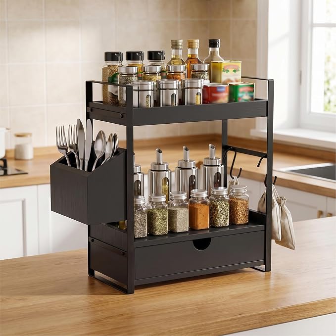Kottwca 2-Tier Bathroom Counter Organizer with Drawer, Basket & Hooks, Wooden Vanity Shelf for Skincare, Perfume & Makeup Storage(Black)