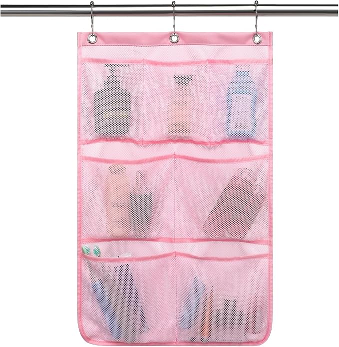 GYEUKHAM Mesh Shower Caddy Hanging Organizer with 7 Pockets and Hooks, Portable Quick Dry Bathroom Storage for College Dorm, Cruise, RV, Gym, Travel Toiletry Bag, Pink, 1 Pack