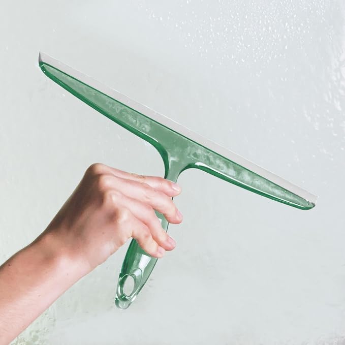 iDesign Bathroom Plastic Shower Squeegee, Clear/Green, Set of 2 | Wall Hook Included