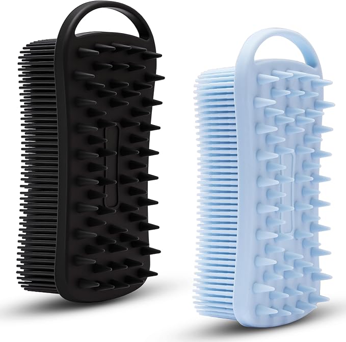 MtBoi 2 PC Silicone Body Scrubber, 2 in 1 Exfoliating Shower Bath Scrubber, Soft Silicone Loofah for Sensitive Skin, Shower Hair Scalp Massager, Easy to Clean, Lather Well (Blue&Black)