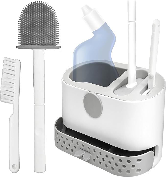 Silicone Toilet Brush and Holder Set with 2 Toilet Bowl Brushes, Ventilation Slots Base