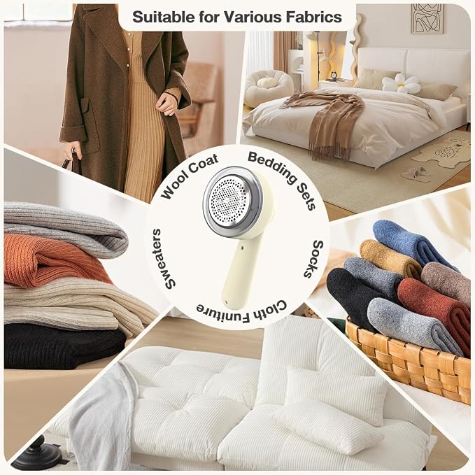 Fabric Shaver Lint Remover Rechargeable, Clothes Shaver Pill Remover with 6-Leaf Blades LED Digital Display 3-Gears Adjustable for Clothing Couch Furniture, Cream White