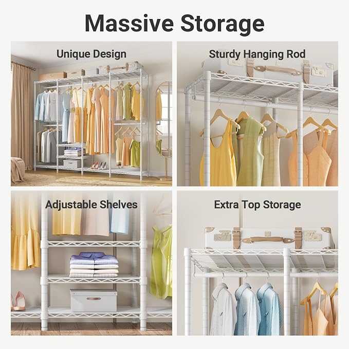 VIPEK V40 Heavy Duty Clothes Rack, 1110lb Capacity Sturdy Metal Garment Rack, Clothing Rack with 6 Shelves & 4 Hang Rods, Adjustable Open Wardrobe Closet Organizer for Bedroom/Apartment/Retail, White