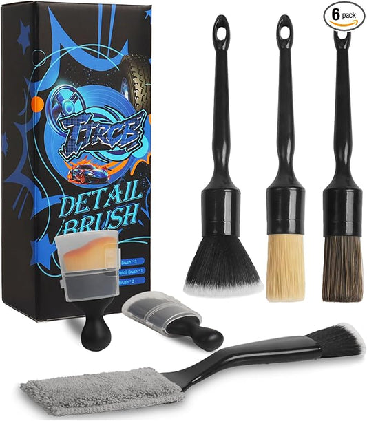 6PCS Car Detailing Brush Set, Boars Hair Car Detailing Brushes, Ultra Soft No Scratch Interior Detail Brush, Car Duster, Car Interior Detailing kit, Car Cleaning Supplies kit for Leather, Air Vents