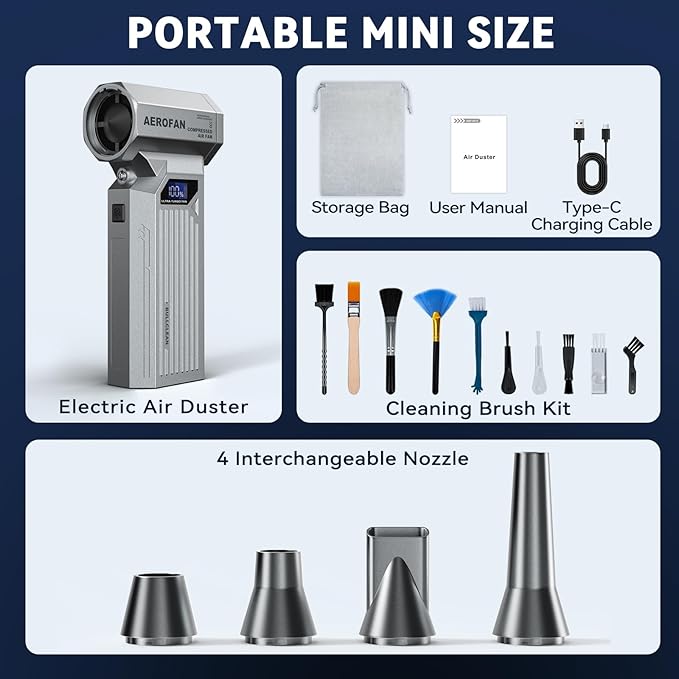 Compressed Air Duster, 160000RPM Cordless Electric Air Duster, LED Light | 4-Gear Adjustable Computer Blower Duster, Mini Hand Turbo Jet Fan, Rechargeable Air Gun for PC/Keyboard/Car/Home/Outdoor