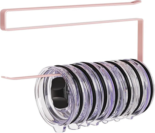 Tumbler Lid Organizer, Versatile Tumbler Lid Storage Holds 10 Lids, Pink | Space Saving Cup Lid Organizers Inside Cabinet Tumbler Lid Hook for Kitchen Organizer and Storage, Paper Towel Rack Hanger