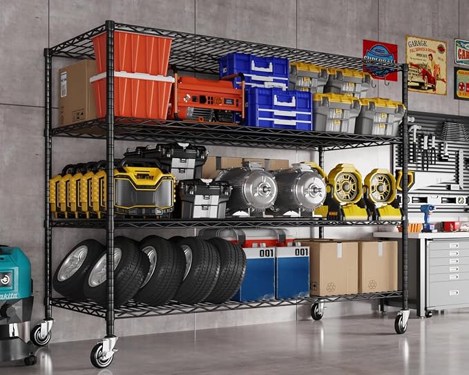 Heavy Duty Garage Shelving with Wheels: 55.5" W x 24" D x 81" H 4 Tier Wire Metal Storage Shelves, Adjustable NSF Commercial Shelf, Rolling Tote Rack Organizer for Pantry, Warehouse, 2PCS