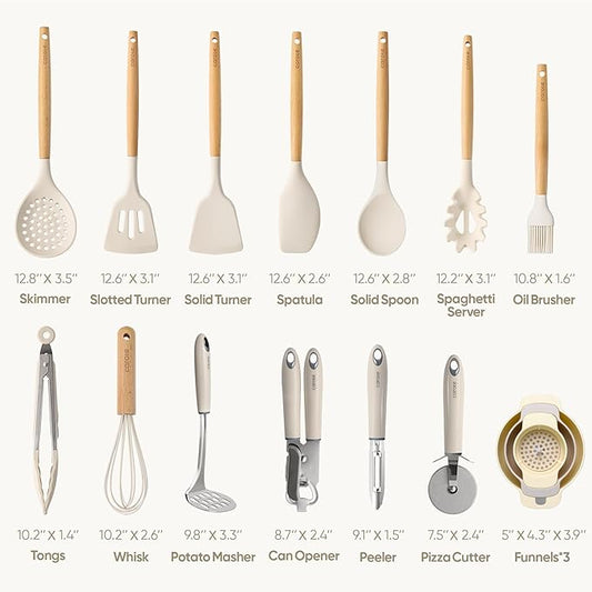 CAROTE Silicone Cooking Utensils Set, Kitchen Utensils Set 16 Pcs for Cooking,BPA Free Spatula Set,446 ℉ Heat Resistant Wood Handles for Nonstick Cookware (Cream White)