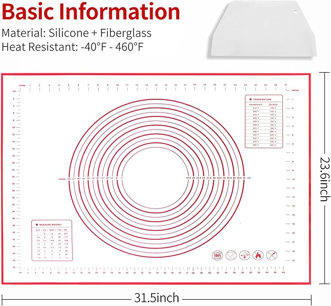 Silicone Baking Mat Super Large, 32x24 inch Silicone Pastry Non Stick Kneading Mat with Cable Ties and Dough Scraper, Measurement Food Grade Silicone Mat for Rolling Dough