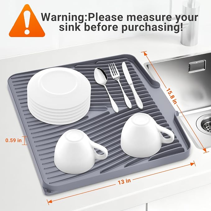 Silicone Dish Drying Mat for Kitchen counter, 15.8"x13" Extra Large Non-Slip Drain Pad with Built-in Drainage, Heat Resistant Dishwasher Safe, Grey