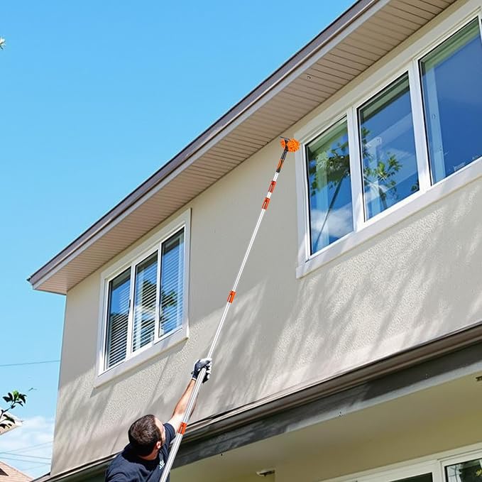 4-24 Ft High Reach Window Washing Kit with Extension Pole, Window Squeegee & Microfiber Scrubber, Ceiling Fan Duster & Feather Duster for High Ceiling, Furniture & Home Cleaning