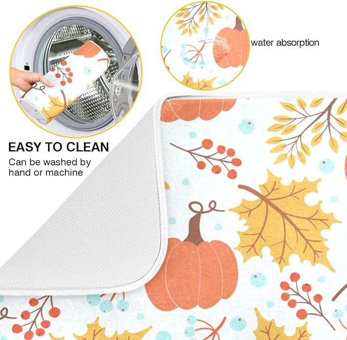 Fall Pumpkin Dish Drying Mat for Kitchen Autumn Maple Leaves Thanksgiving Day Microfiber Drying Mats Absorbent Reversible Dish Pad Medium Dish Draining Mat 16x18 inch
