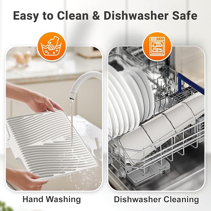 Silicone Dish Drying Mat for Kitchen counter, 19.7"x17" Extra Large Non-Slip Drain Pad with Built-in Drainage, Heat Resistant Dishwasher Safe, Cream