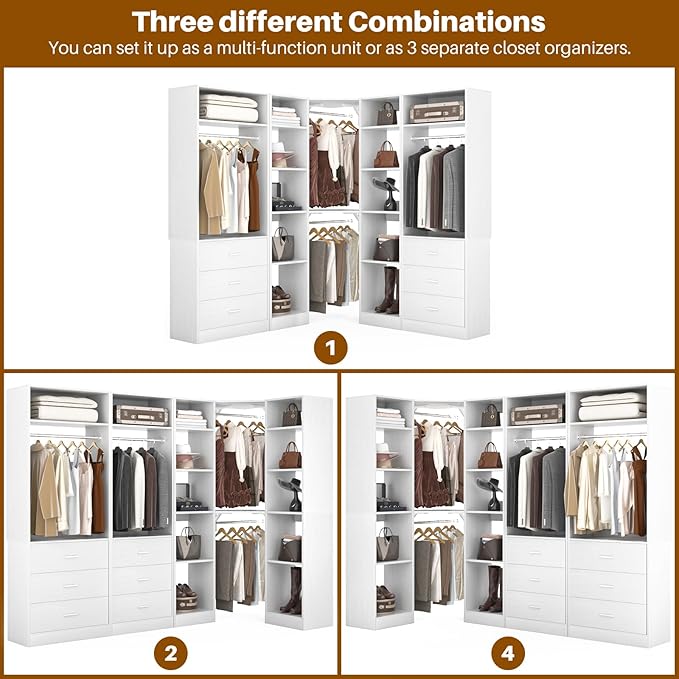 Besiost Corner Closet System with 6 Drawers, Closet Organizer System with 14 Shelves & 4 Hanging Rods, 87.2"L * 39.2"W / 63.2"L * 63.2"W Reversible L Shaped Walk-in Closets, Load 2500+LBS, White