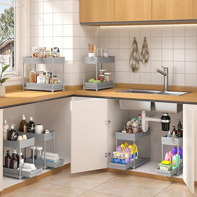Sevenblue Under Sink Organizer, Bathroom Organizers and Storage, 2 Tier Multi-Use Pull Out Cabinet Organizer with Hang Hooks and Cups (Gray, 14.8 Inch)