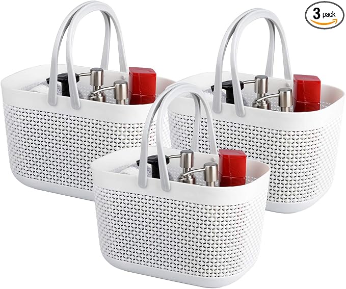 Plastic Protable Shower Caddy Basket, Storage Organizer, White, 3Pack | Bottom Drain Holes, Keep Dry, Sturdy and Durable, Easy to Carry for Bathroom, Kitchen, Dorm Room, RV, College