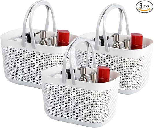 Plastic Protable Shower Caddy Basket, Storage Organizer, White, 3Pack | Bottom Drain Holes, Keep Dry, Sturdy and Durable, Easy to Carry for Bathroom, Kitchen, Dorm Room, RV, College