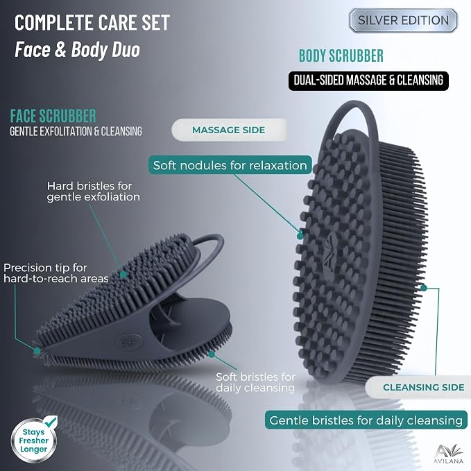 Avilana Silicone Body Scrubber for Shower – SGS Certified Food Grade Dual Sided Bath Brush, Gentle Exfoliating Silicone Loofah Alternative, Sensitive Skin Body Brush (Dark Gray-Silver, Body & Face)