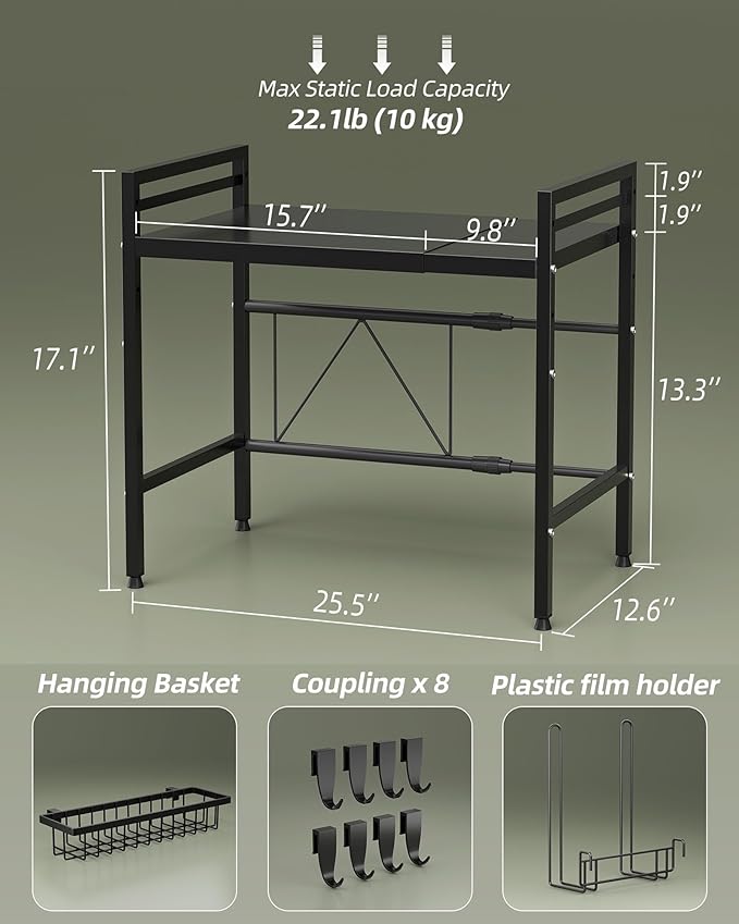 NETEL 2 Tier Expandable Microwave Stand countertop,Microwave Oven Rack | microwave shelf, storage shelf for pans &appliances,with Paper Towel Holder and Baskets，8 Hooks,55lbs max load,Black