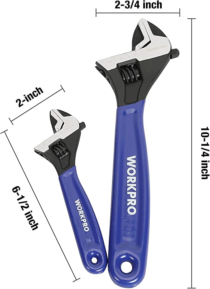 WORKPRO 2-Piece Adjustable Wrench Set, 6-Inch & 10-Inch Wide Jaw Wrenches | Black Oxide Wrench, Cr-V Steel, Metric & SAE Scales, Max Jaw Opening 15/16" & 1-5/16", for Home Repair, Plumbing, Garage Work