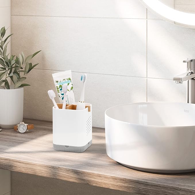 Boperzi Toothbrush and Toothpaste Holder with Bamboo Divider for Bathroom Countertop Organizer, Plastic Detachable Anti-Slip Large Electric Toothbrush Holders Storage Caddy Drainage for Family, Kids